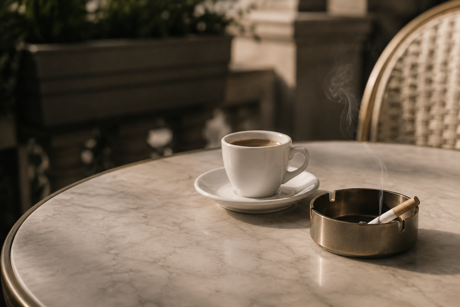 Tasse d'espresso sur une table de café parisien, près d'un cendrier fumant
